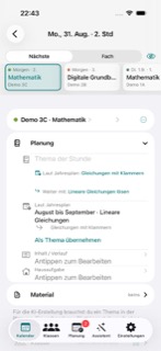 Geöffnete GradeGrid-Unterrichtsstunde auf dem iPhone mit Planung, Material und Jahresplan-Vorschlag.